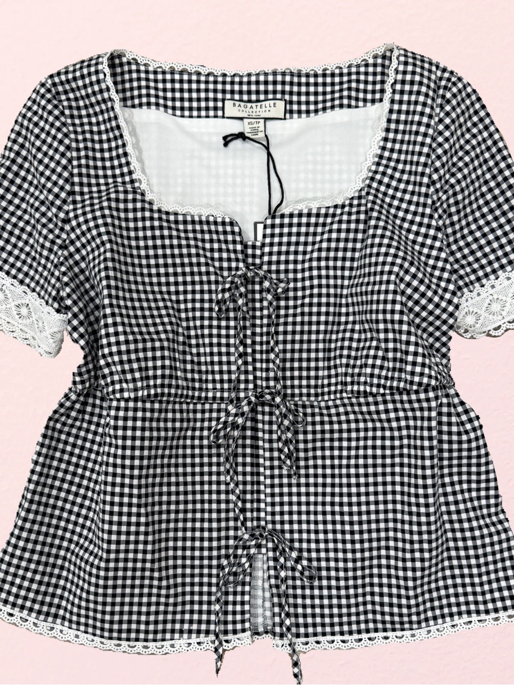 bagatelle Black & White Gingham Lace-Trim Tie-Front Peplum Blouse